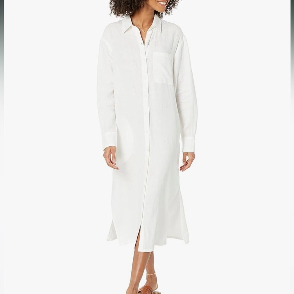 White Button-Up 100% Linen DRESS by The Drop. Size L. Splits. Pockets. New! - Picture 2 of 7